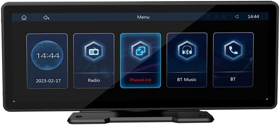 Main menu screen of the Sujhyrty B5303 showing icons for time, date, Radio, PhoneLink, BT Music, and BT.
