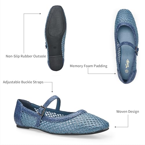 Image of Trary Mary Jane Shoes Women Woven Flats for Women Dressy Ballet Flats Squared Toe Mary Jane Flats Shoes