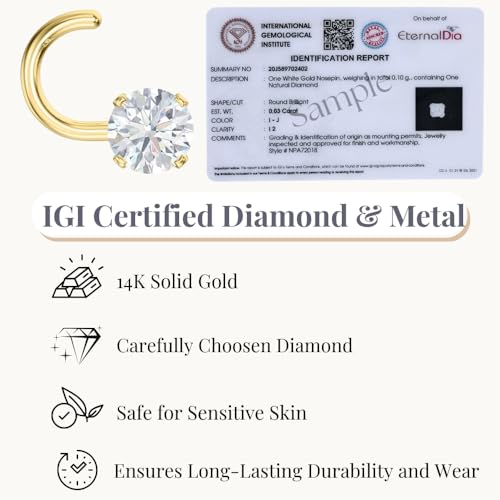 EternalDia IGI Certified 14K Gold Diamond Nose Stud for Women & Men | 18G & 20G Gold Nose Ring | 1.5mm Nose Stud to 3 mm Nose Piercing Studs | Body Piercing Jewelry | Diamond I-J Color & I2-I3 Clarity3