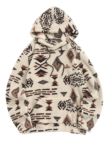 ZAFUL Men's Hoodies Ethnic Style Contrast Binding Kangaroo Pocket Loose Pullover Fuzzy Hoodie