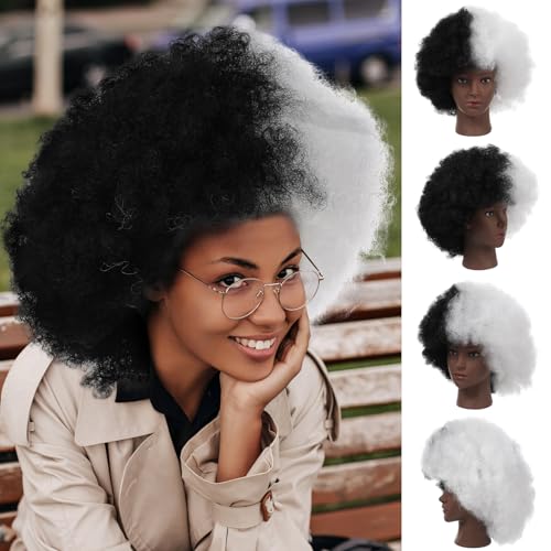 Postiche afro bouclée naturelle Baluue coupe courte en fibre synthétique noire et blanche