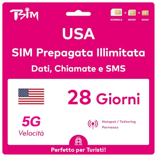 Scheda SIM USA valida per 28 giorni. Rete T-Mobile con dati illimitati ad alta velocità su 5G/4G/LTE | Chiamate e SMS locali illimitati negli Stati Uniti (inclusa Hawaii). Scheda SIM 5G!