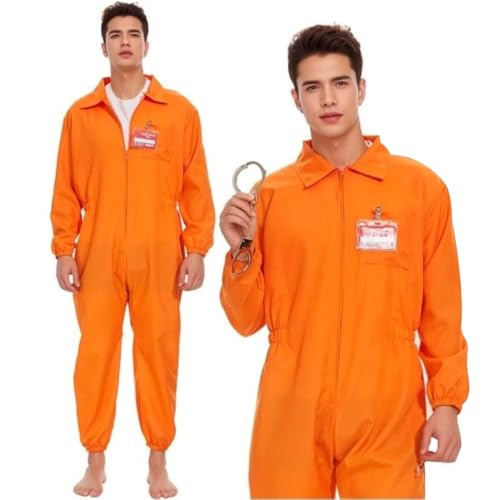 FENYW Disfarce de prisioneiro, disfarce de prisão laranja, 165 - 180 cm fantasia de convicto, clássico disfarce preso homem com algemas, convicto de Halloween cosplay fato para carnaval festas