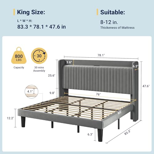 Image of Allewie King Size Platform Bed Frame with USB Charging Station and Storage Shelf /Upholstered Velvet Wingback Headboard /Wooden Slats Support /No Box Spring Needed /Easy Assembly, Grey