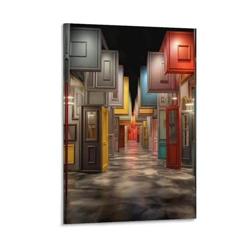 Decoration murale de salon originale avec ce grand tableau toile portes colorees