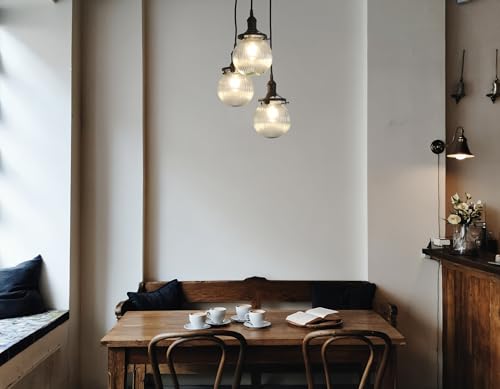 Image of Phansthy Kitchen Island Lighting, 3 Lights Linear Chandeliers, Hanging Light with 5.9 inch Globe Striped Glass Shade, 3-Light Pendant Light Fixtures for Dining Room Farmhouse (Black, Round Base)