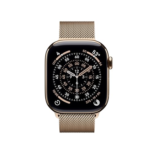 Image of Apple Watch Series 11 [GPS + Cellular 42mm] Smartwatch with Gold Titanium Case with Gold Milanese Loop. Sleep Score, Fitness Tracker, Health Monitoring, Always-On Display, Water Resistant