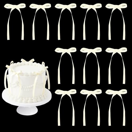 30 Pack Ivory Ribbon Bows for Cake Cream Bow Cake Toppers Bow Birthday Decorations Coquette Bow Cupcake Topper for Bride to Be, Wedding, Bridal, Baby Shower, Bachelorette Party Decorations