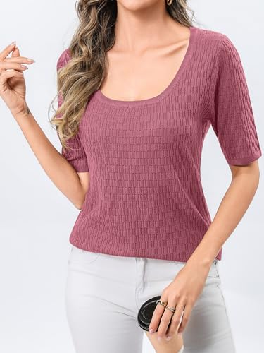 Totatuit Women Elobow Sleeve Sweaters Scoop Neck Business Tops Dark Pink L - image 2