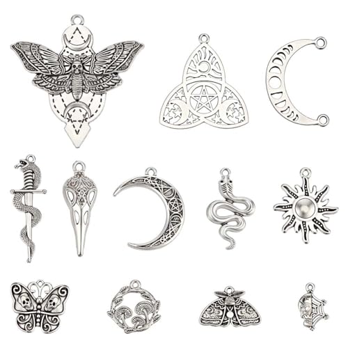 PH PandaHall 72 Stück 12 Stile Goth Anhänger Antiquität Silber Goth Pendel Schmetterling Schädel Anhänger Tibetisch Mond Sonne Phase Schlange Motte Pendel für Halskette Armband Ohrringe Halloween