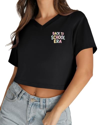 Image of Womens Crop Tops Short Sleeve V Neck Summer Cropped T Shirts Baisc Tees