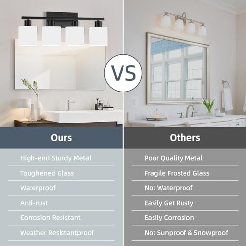 Image of CANMEIJIA 4-Light Bathroom Vanity Light Matte Black E26 Glass Wall Sconce | Modern Dimmable Milky White Shades with Waterproof Rust-resistant Finish for Mirror Restroom, Easy Installation