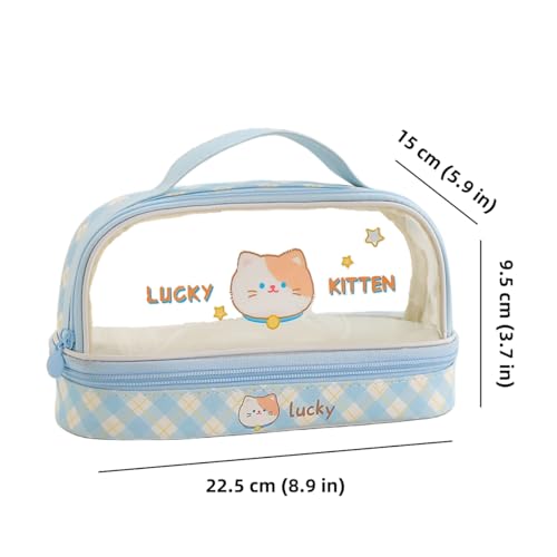 Image of Bunny Pencil Pouch w /Handle Rabbit Kitten Bear Puppy Pen Case Cosmetic Bag Clear Case Transparent Waterproof (Kitten-Blue)