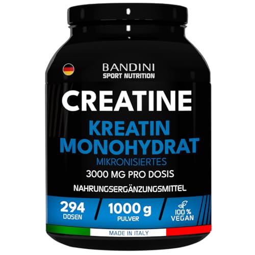 Bandini® Creatin Monohydrat Pulver | 1kg/1000 g - 294 Dosen | 3000mg Ultra reines mikronisiertes Kreatin je Dosis | Mikrofein, löslich, geschmacklos | Mesh Faktor 200 | 100% Vegan