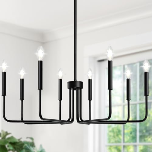 Lynnoland Black 8-Light Chandelier, Farmhouse Chandelier for Dini...