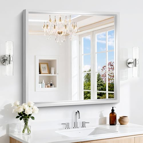 Image of 30 x 30 inch Brushed Silver Bathroom Mirror, Metal Framed Square Mirror, 0.6 inch Thickened Deep Frame Mirrors for Living Room Bedroom Entryway, Tempered Glass, Antirust, Horizontal or Vertical