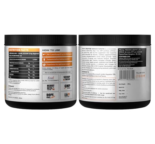 Image of AS-T-IS Nutrition ATOM Creatine Monohydrate Powder 100G-32 Servings | Dope Free | Enhances Performance | Promotes Muscle Gains | Orange