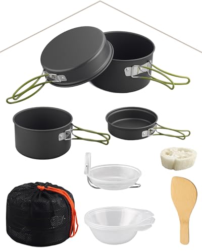 HOMGEN Portables Campingkochset eloxiertem Aluminium Töpfe, Pfannen, Kessel, Teller Löffeln kompakt mit Aufbewahrungstasche für Outdoor-Camping, Wandern, Picknick