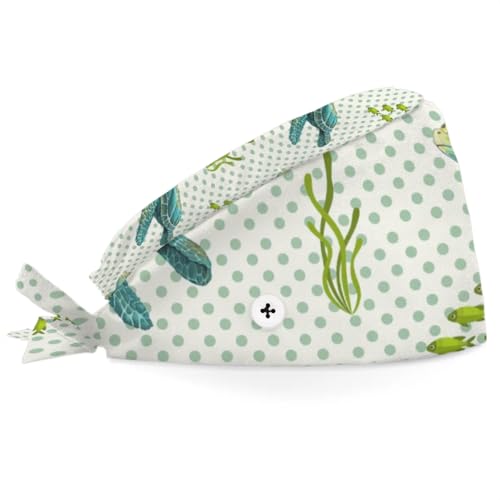 Mularoka Watercolor Sea Turtle Seagrass Fish Working Caps with Button Sweatband Comfortable Adjustable Bouffant Hats Work Hat for Women Men