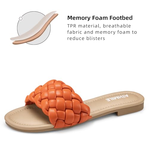 Image of ATHMILE Braided Sandals for Women, Open Toe Flat Summer Slides, Nude Sandal | Woven braided upper with round open toe design, lightweight flat style for beach trips, vacations, and summer outfits.