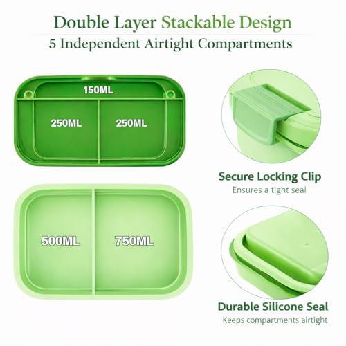 Image of YELONA Lunch Box for Office & Kids 1900ML | Double Layer Leakproof Bento Box with 5 Compartments | Microwave Safe, Built-in Spoon & Fork, BPA Free Tiffin Box - Green