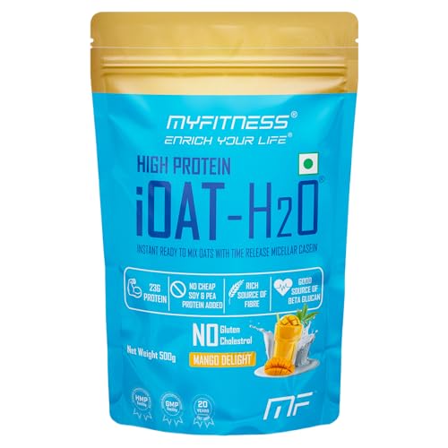 Image of Myfitness High Protein iOat H2O | Added Micellar Casein Protein | Instant Ready To Mix Beta Glucan Rich Flavoured Oats Powder | High Protein Oats Breakfast Cereals (500g (Pack Of 1), Mango Delight)