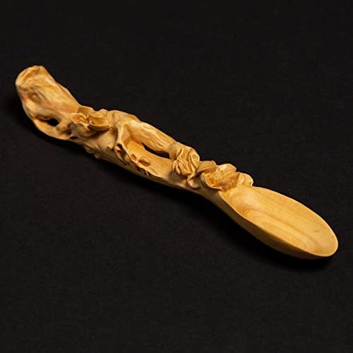 D098 - 16 cm Long Carved Boxwood Carving Tea Scoop Spoon: Flower