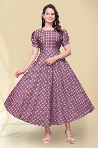 Image of Women's A-Line Crepe Maxi Dress | Stylish Fit and Flare Dress with Round Neck Short Puff Sleeves for Casual Wear