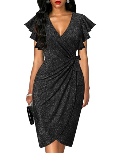 Image of oten Womens Deep V Neck Ruffle Sleeve Sheath Casual Cocktail Party Work Faux Wrap Dress