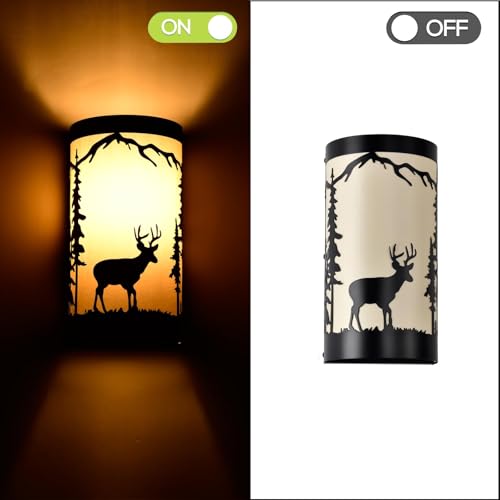 Image of Wall Sconces Set of Two,Deer Cream White Parchment Rustic Wall Sconces,Farmhouse Black Sconce Light,Industrial Metal Indoor Wall Lamps for Bedroom,Living Room,Hallway(Hardwired Only)