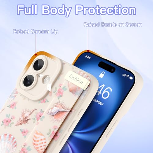 Coque silicone iPhone 16 blanche avec sangle et motif conque fleurie
