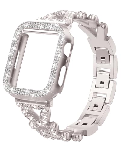 Image of Rhinestones Encrusted Metal Bracelet and Case, Compatible with Apple Watch Bands 38mm-49mm (Series 11 /1 /SE /Ultra 2)- Bling Gold Women's Jewelry Strap, Luxury iWatch Bracelet with Screen Protector