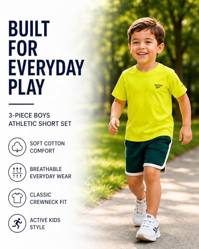 Image of Reebok Toddler Boys Short Set - 3 Piece Summer Outfit with 2 T-Shirts & Shorts - Activewear Clothes for Toddler & Little Boys