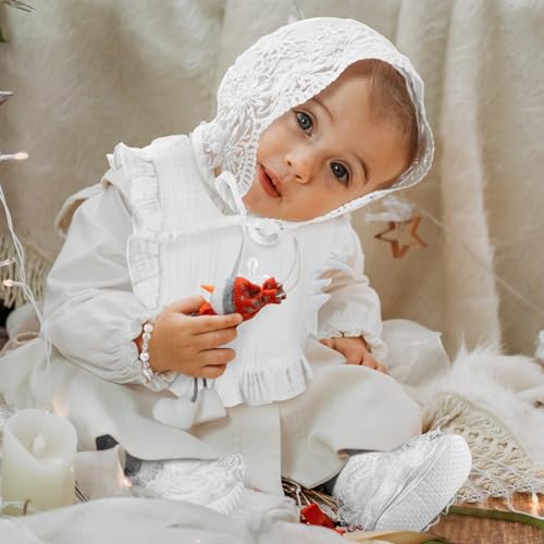 5 Pcs Christening Bib for Baby Girl White Baptism Bib Christening Socks Shoes Baby Bonnet Lace Hat Cross Charm Bracelet Baptism Outfits for Toddler Infant First Communion Gift2