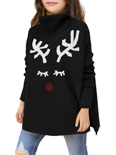 Haloumoning Girls Christmas Sweater Kids Oversized Turtleneck Cute Reindeer Sweaters with Side Slit