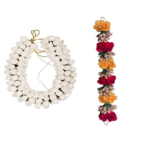 CHANDERKASH Hair Bun Mogra & Red Yellow Flower Gajra for Women (White, Pack of 2)_Hair Acessories