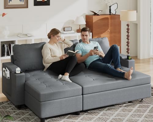 JUMMICO Schlafsofa mit Bettkasten L Form Sofa mit Schlaffunktion 3 Sitzer Couch klein Ecksofa Schlafcouch Ausziehbar Wohnlandschaft für Wohnung und Wohnzimmer Hellgrau
