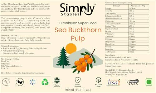 Image of Simply Staples Sea Buckthorn Pulp 300ml | 100% Pure Himalayan Berries | Rich in Omega 3 6 7 9 | No Sugar No Preservatives | Cold Processed Ayurvedic Fruit Pulp