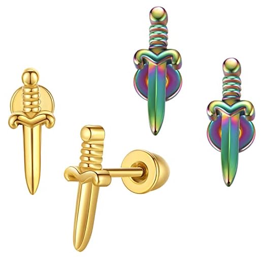 Fiklon Mini Dagger Earrings for Women, Goth Sword Earrings Gold Trendy Screw Back Stud Earrings Unique Stainless Steel Cartilage Earrings Gothic Punk Jewelry (Gold+Rainbow Dagger)