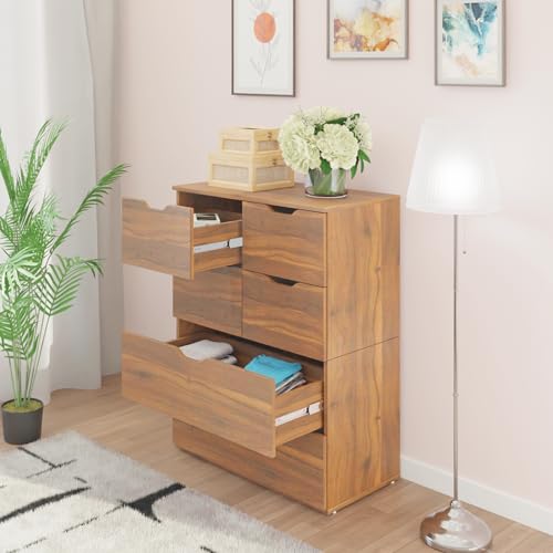 Image of VIKI Dresser with 6 Drawers, Oska Chest of 6 Drawers,Clothes Storage, Organizer Unit for Bedroom, Hallway, Entryway,Easy Pull Drawers, (Brussel Walnut - 44D x 80W x 106H) | 1 Year Warranty