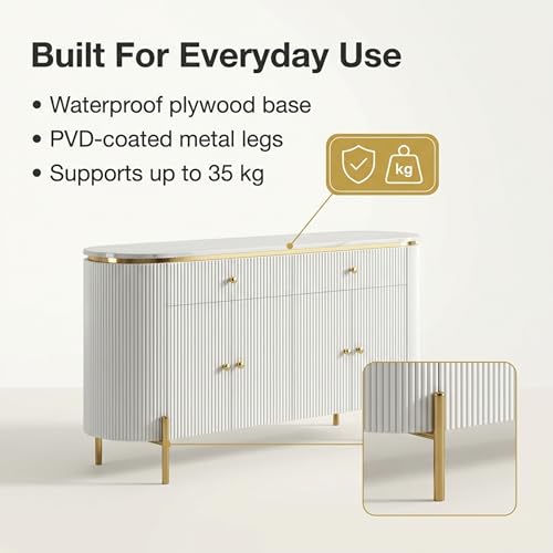 Image of Modern Console Table, 55 x 15 x 30 inch, White Ribbed Design, Marble Top, Gold Accents, 4-Door Storage Cabinet, Waterproof Plywood, PVD-Coated Legs, Elegant Entryway (White)