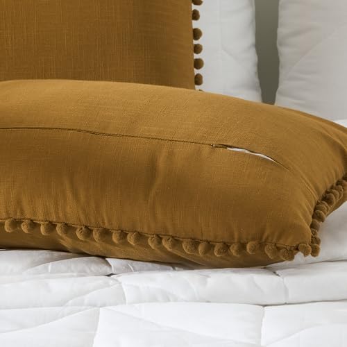 Image of 100% Cotton Pom Pom Cushion Without Filler, Elegant & Modern Cushion Cover for Living Room, Rectangle, 12 inchx20 inch, uni slub, Set of 5 - Bronze
