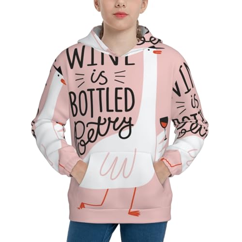 Goose Holding Wineglass with Red Wine Kids Pullover Hoodies Boys Sweatshirts Girls Athletic Clothes with Pocket