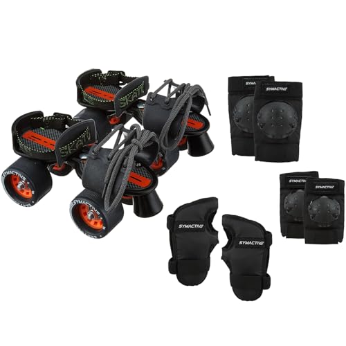 Image of Amazon Brand- Symactive Kids Adjustable Inline Roller Skates for Age 6-14, UK Size 1-8 | for Boys & Girls | with Knee, Elbow & Wrist Guards | Beginner & Advanced | Indoor & Outdoor Use| Black & Orange