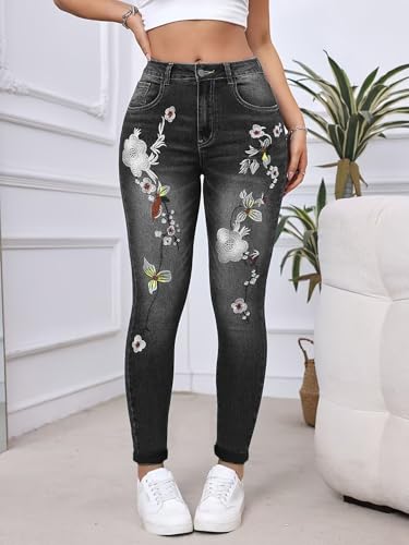 Women's Stretch Embroidery Washed Jeans Slim Fit Floral Skinny Small Foot Jeans Pocket Floral Skinny Jeans3