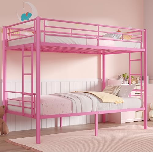 VECELO Bunk Bed Twin Over Twin Metal Bunkbed Frame with Ladder and Guardrail Space Saving No Box Spring Needed Pink