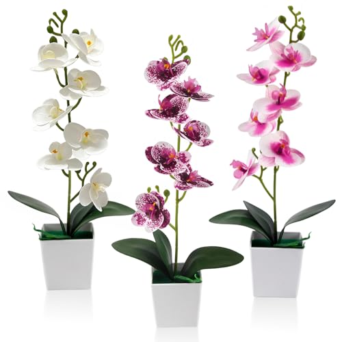 Xbessc 3 Pièces Orchidees Artificielles 43 cm Fleurs Artificielles en Pot Exquis Fausse Fleur Decoration Résistant aux Intempéries pour Mariage Maison...