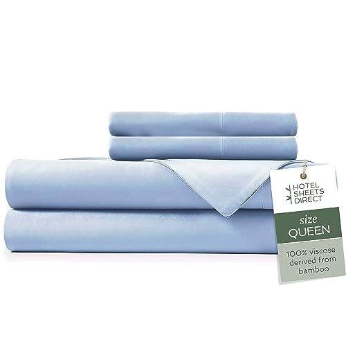 Image of Hotel Sheets Direct 4 Piece Bed Sheet Set Queen Size, 100% Viscose Derived from Bamboo Sheets Set with 2 Pillowcases, Cooling & Breathable Luxury Bedding, Moisture-Wicking & Silky Soft, Light Blue
