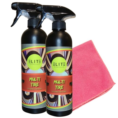 Multi Tire 500ml X2 Limpia Llantas Profesional Elimina Carbonilla Suciedad Incrustada Brillo Impecable en Llantas de Aluminio Limpiador de Llantas para Coche + Bayeta Microfibra + 2 Unidades