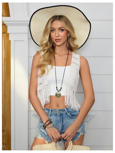 OYOANGLE Women's Boho Hollow Out Crochet Knit Sweater Vests Fringe Hem Casual Open Front Cardigan4